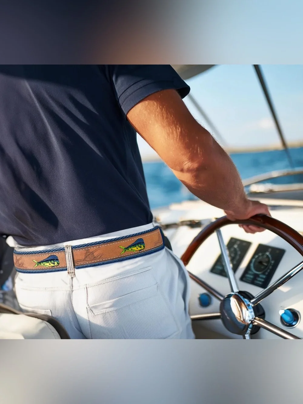 Zep-Pro Dolphin Mahi-Mahi Embroidered Nubuck Tan Leather Men’s 46 Belt USA